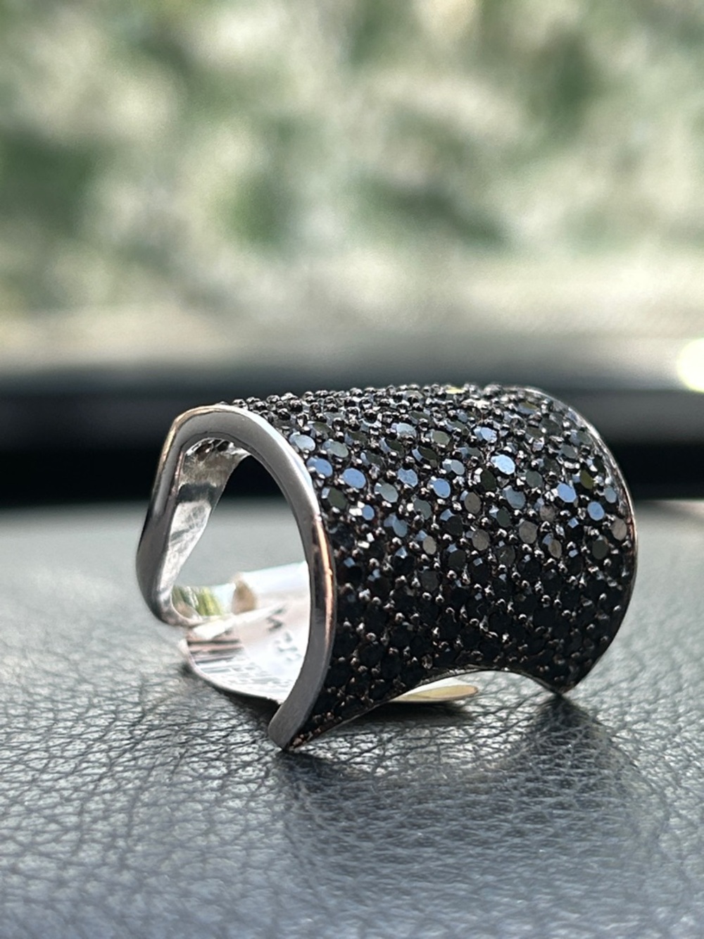 Sterling Silver Wide Pavé Black Spinel Statement Ring Size 7
